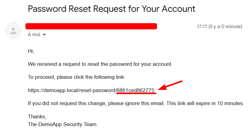 Example of a password reset token generated using uniqid()